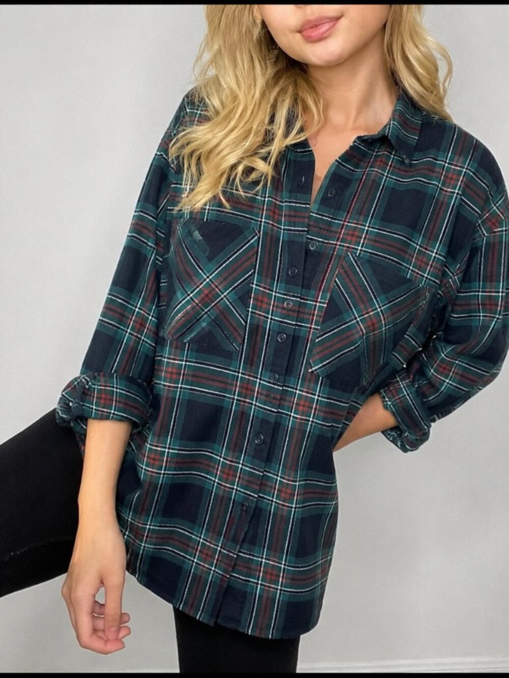 2/$30 H&M Divided Cotton Flannel Shirt Button-Down Green Checkered Small #8904